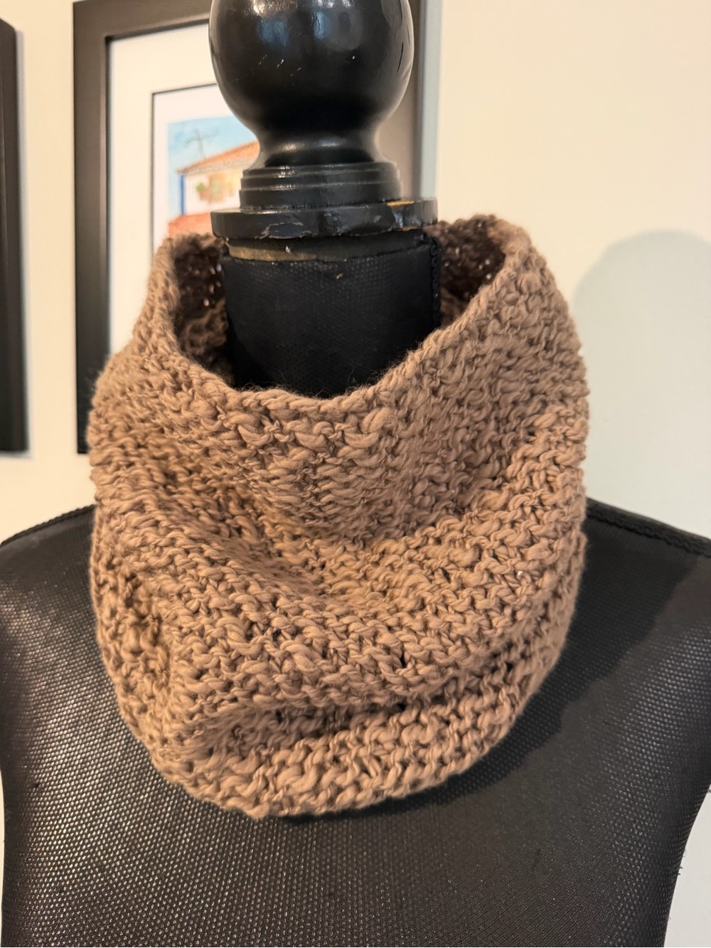 New Unisex Cozy Eco Organic Hand Knit Light Brown Snood Cowl Neck Warmer OS